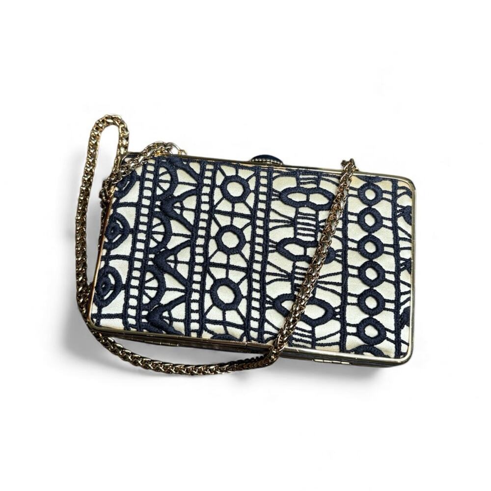 Tory Burch Navy Blue Gold Crochet Chain Evening Purse Clutch